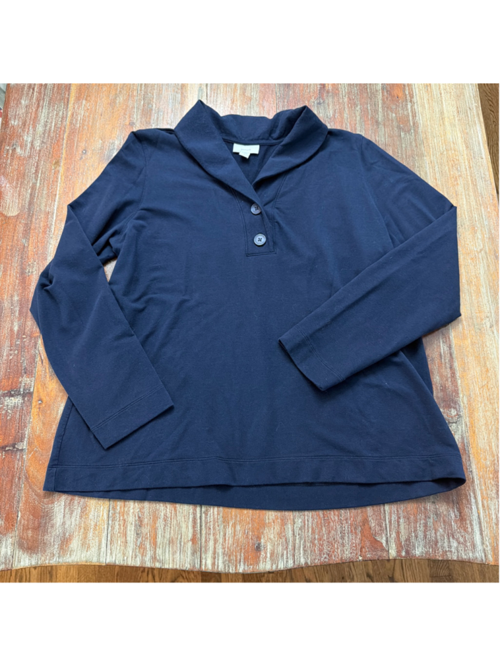 J. Jill Navy Blue Shawl Collar Button Pullover Sweatshirt Top Women’s Large
